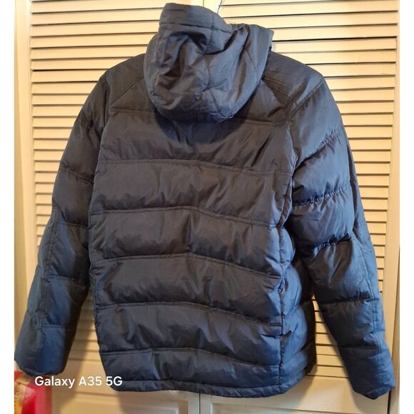 Down Filled Hawke & Co Mens Blue Puffer Jacket With Zipper & Button Closure Hood - Picture 1 of 14